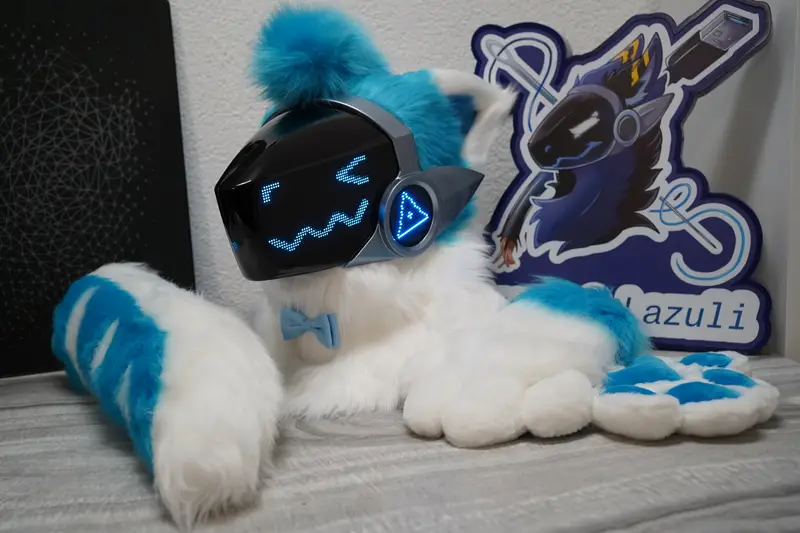 White and turquoise Protogen mini partial with the head, custom shaped tail and puffy hand paws