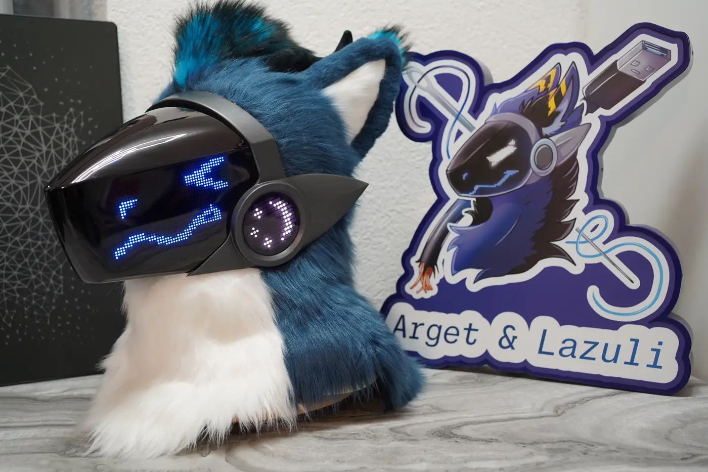 Blue and white Protogen head with one blue eye squinted on the LED visor