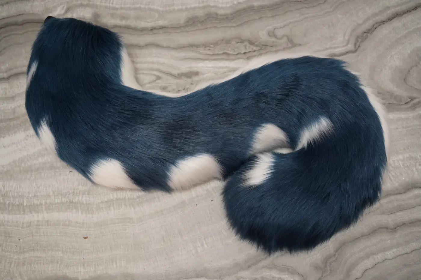 Blue Protogen tail with white spike markings and a curled tip