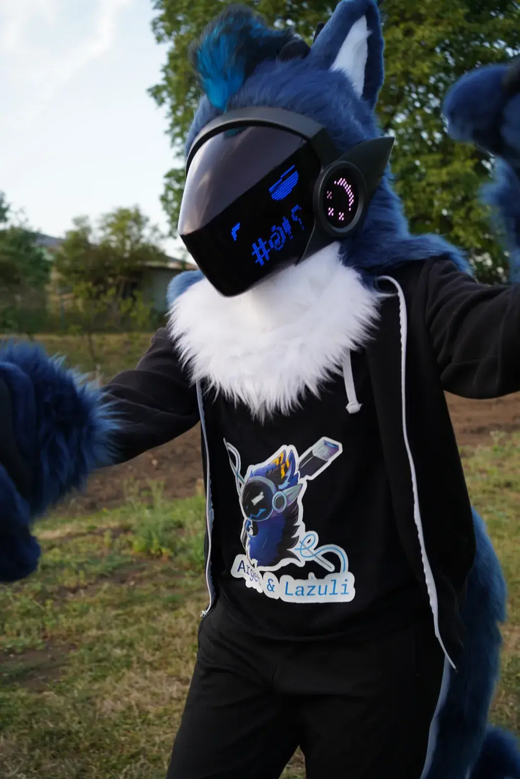 Blue and white Protogen mini partial reaching out in a field, blue symbols on the LED visor