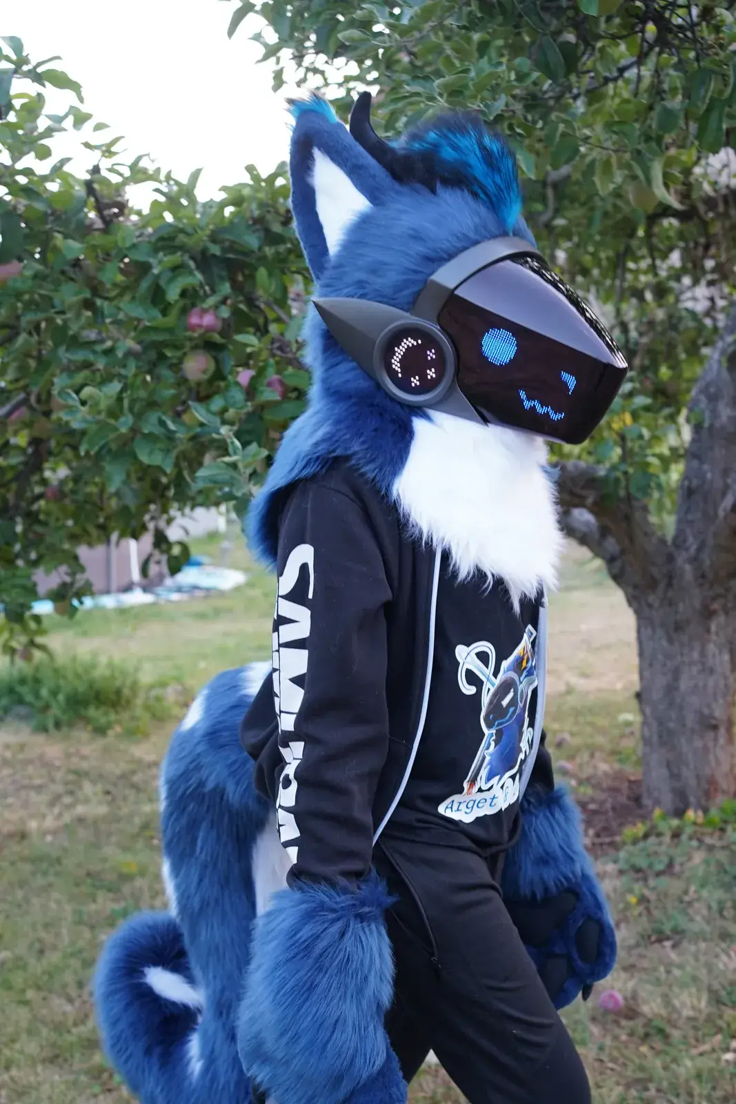 Blue and white Protogen mini partial standing in an orchard with its blue and white tail