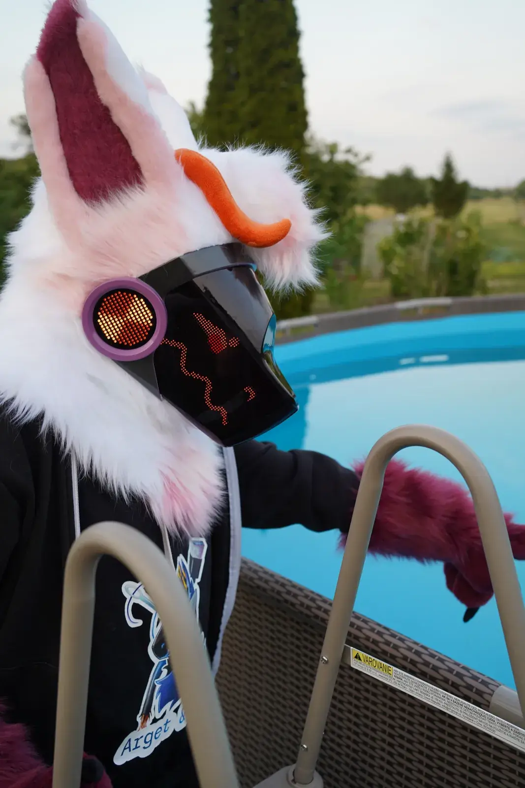 White and pink Protogen mini partial holding the pool ladder, red face on the LED visor and a purple rimmed cheek disc