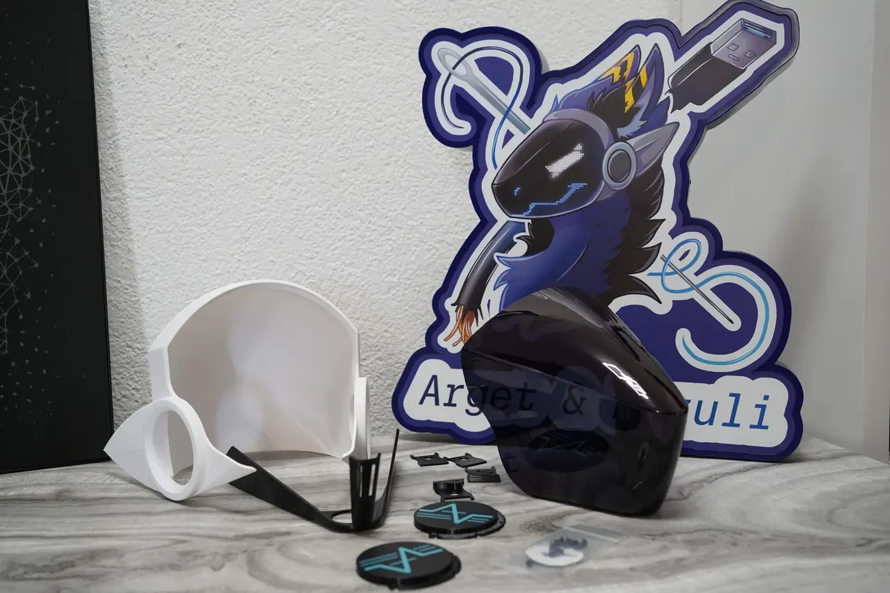 Handmade custom Protogen base kit: a 3D printed base, tinted visor and assembly hardware, by Arget & Lazuli