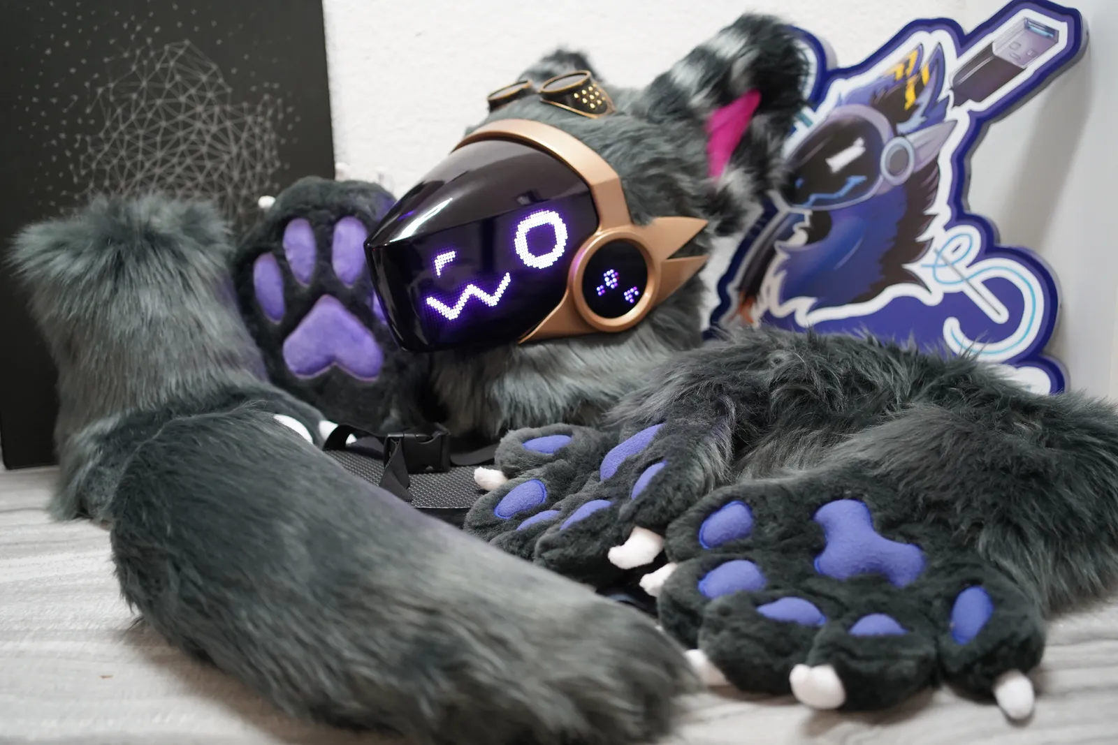 Grey and purple Protogen full partial: head, arm sleeves, hand paws, feet paws and tail, by Arget & Lazuli
