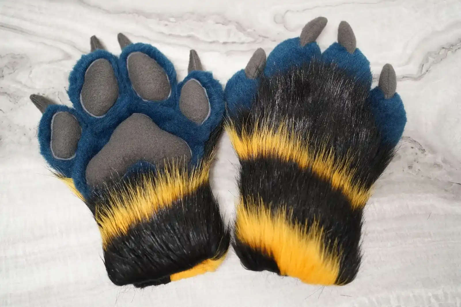 Hornet's puffy hand paws with grey pads, claws and black and yellow stripes
