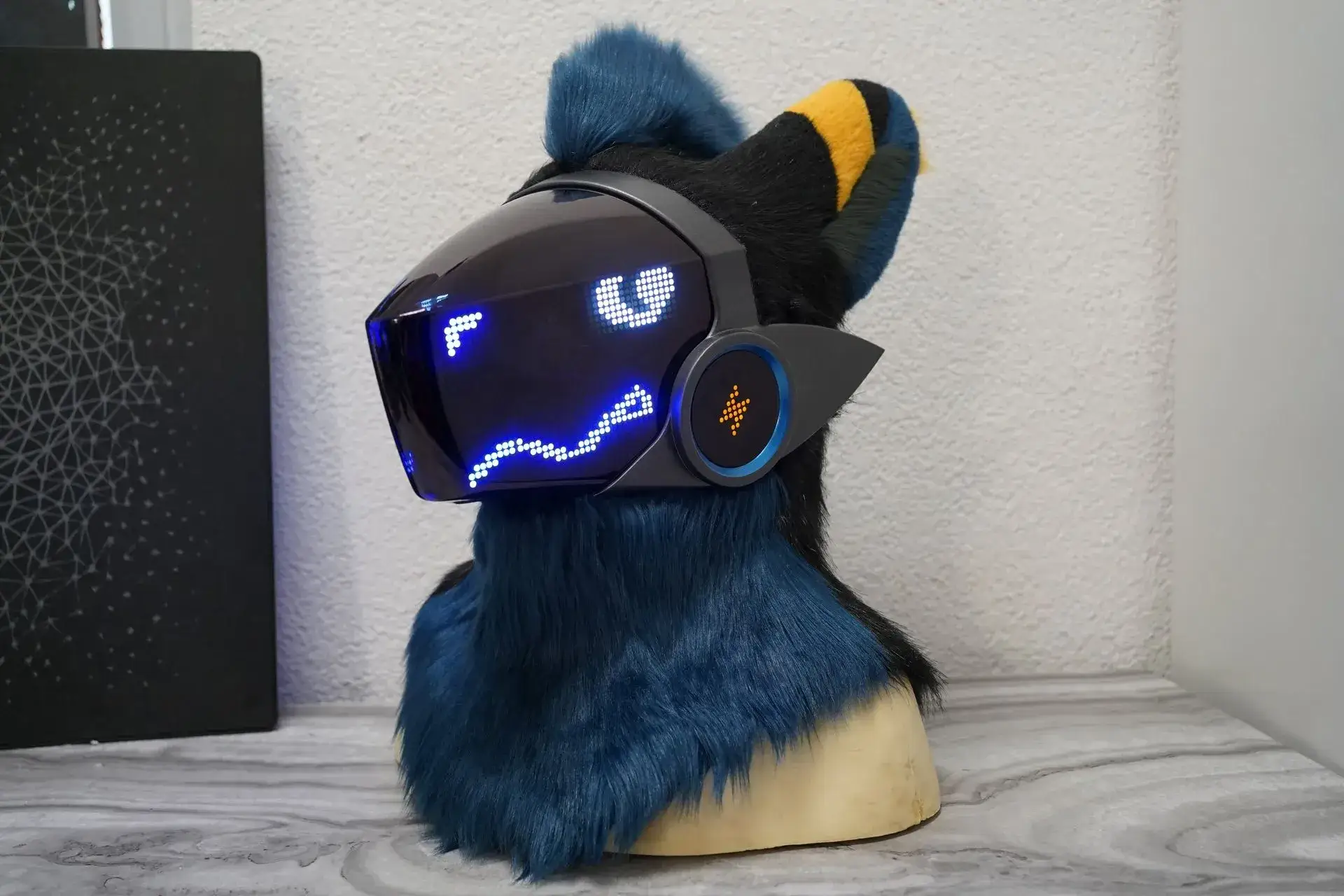 Hornet, our blue Protogen head with a blue LED face on the visor
