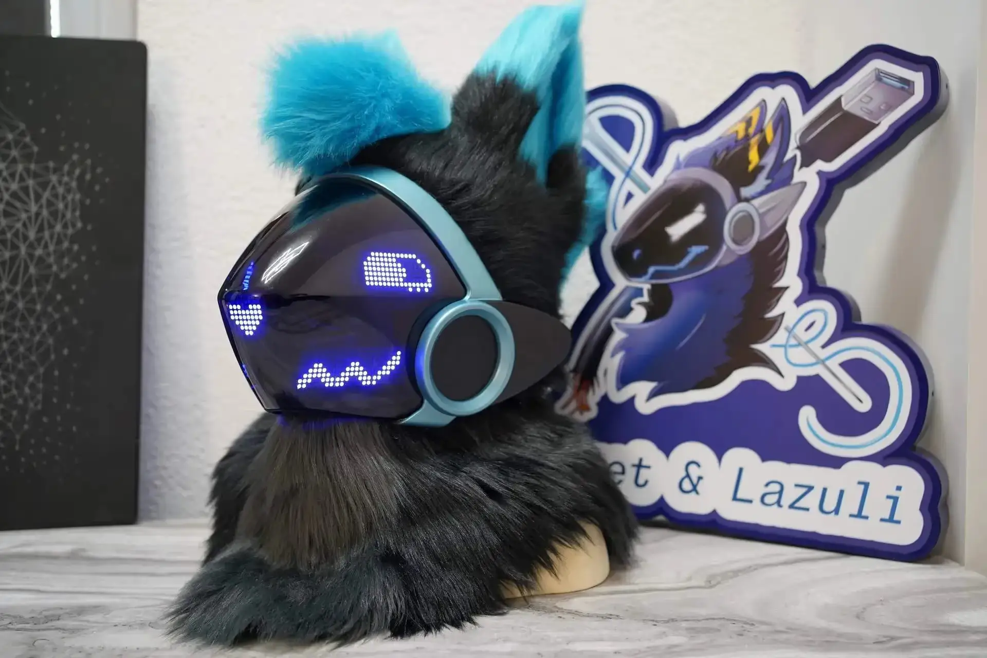 Gray and teal Protogen head on the mk2 base, black visor with blue pixel eyes and a teal mane, by Arget & Lazuli