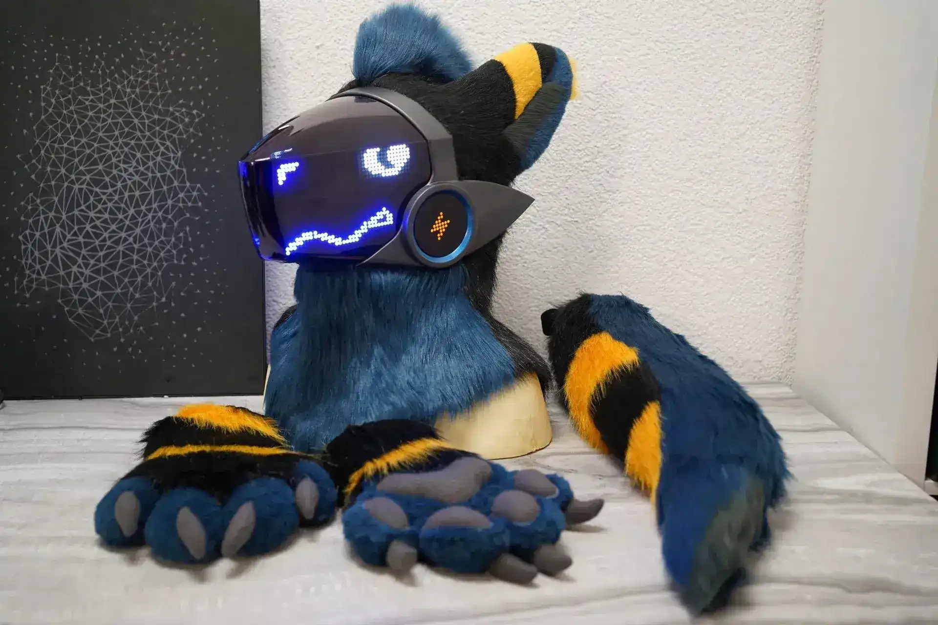 Hornet, our blue Protogen mini partial: head, hand paws and tail with black and yellow stripes