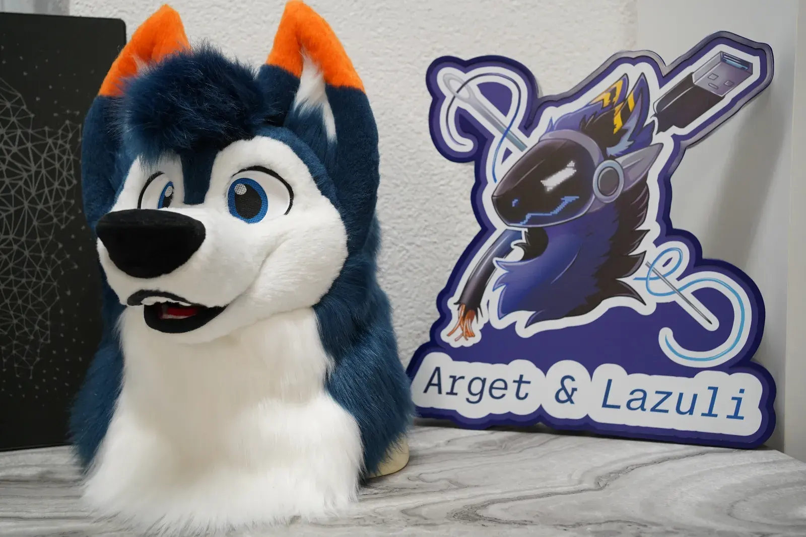 Handmade custom toony husky fursuit head on a wolf head base, by Arget & Lazuli